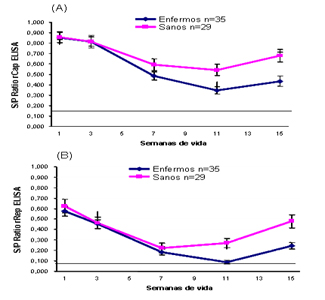 Dinàmiques dels nivells d'anticossos anti-Cap (A) i anti-Rep (B) 