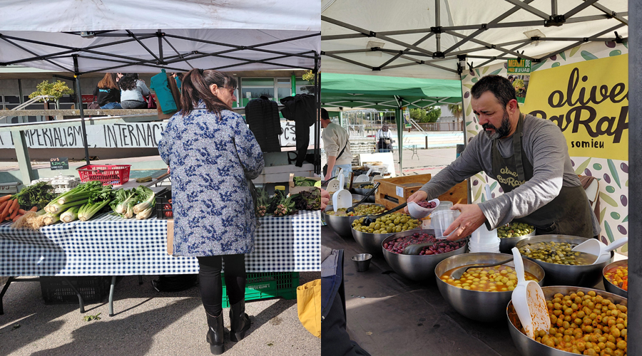 Parades del mercat de pagès que venen olives i verdures.