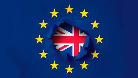 United Kingdom flag inside a broken European Union flag
