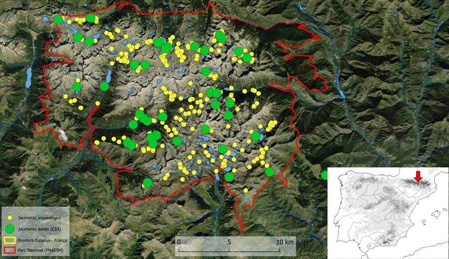Mapa de jaciments arqueològics del Parc Nacional d'Aigüestortes. Autor: GAAM-UAB