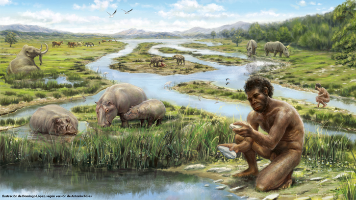 Artistic representation. Hominids manipulating stones with their hands, with hippopotamuses nearby.