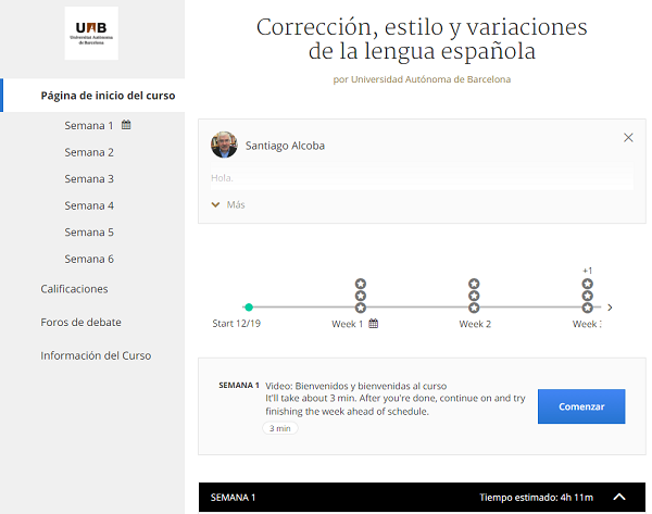 Visualizaci�n del aula al acceder al curso MOOC de Coursera